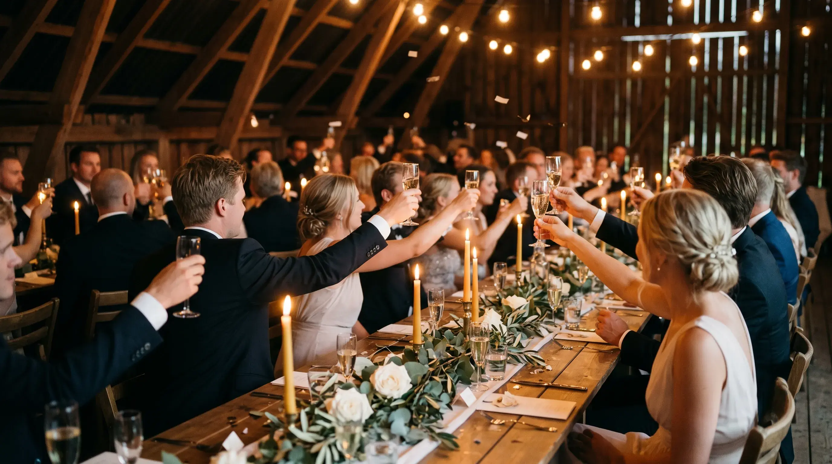Bryllupsgjester som skåler og ler rundt et langt middagsbord i varmt lys
