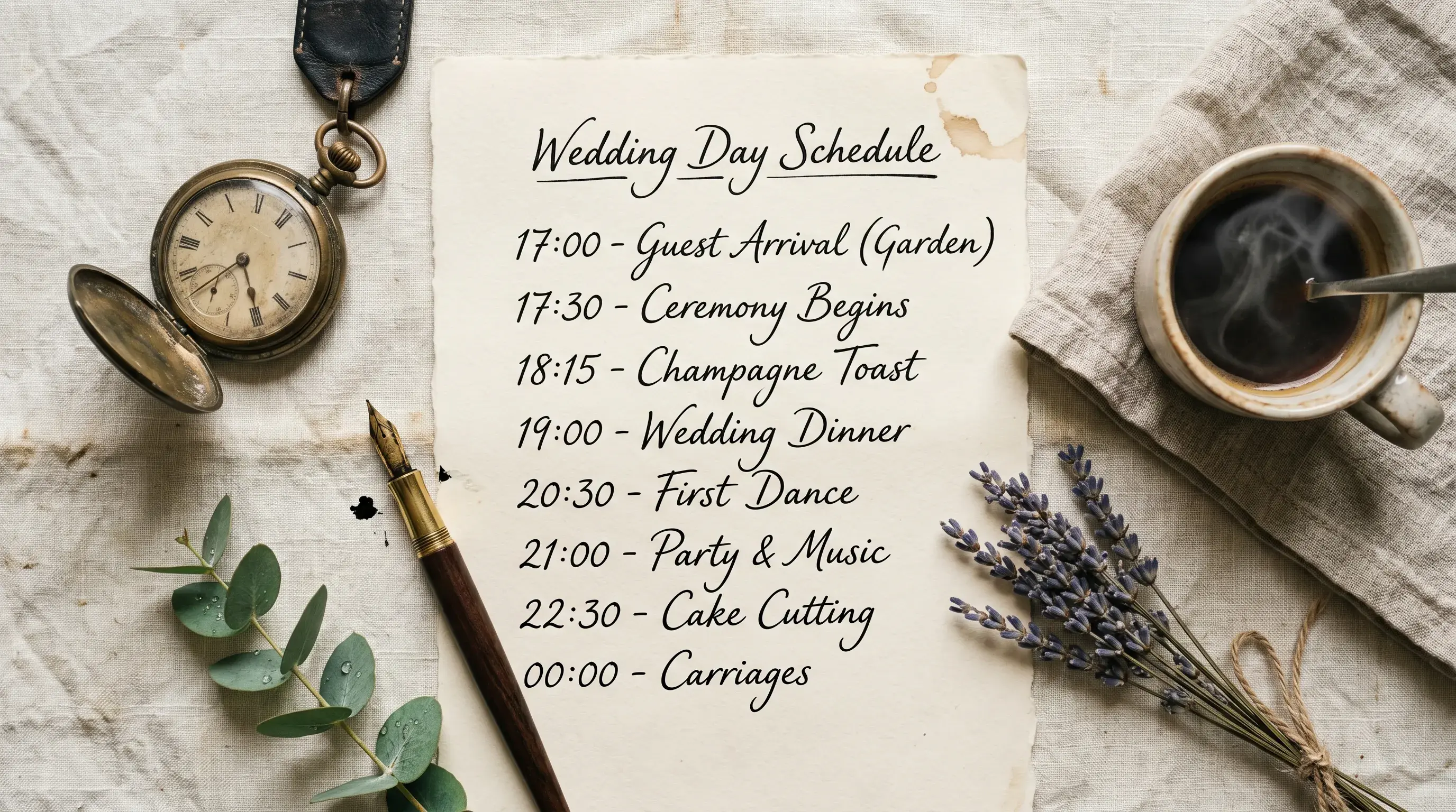 Håndskrevet kjøreplan på kremfarget papir med vintage lommeur og gullpenn