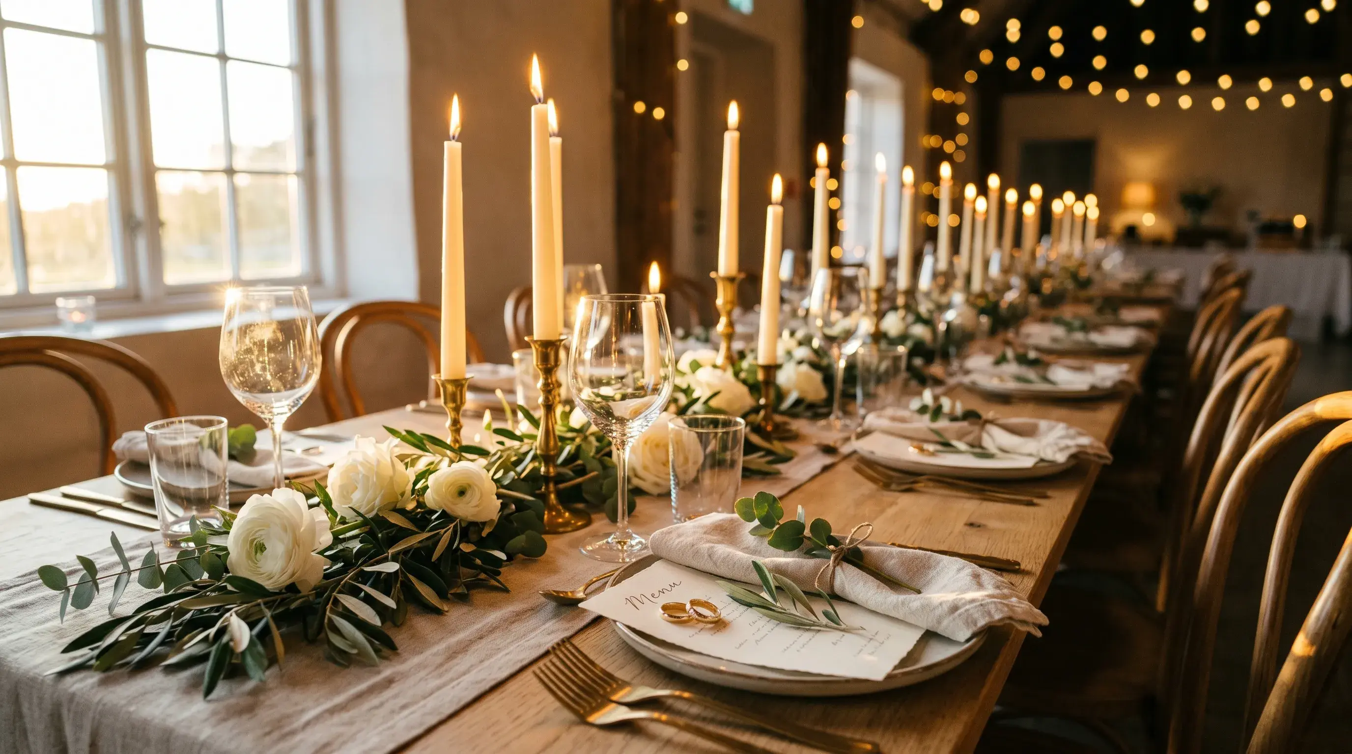 Elegant bryllupsbord dekket med krystallglass, stearinlys og hvite roser