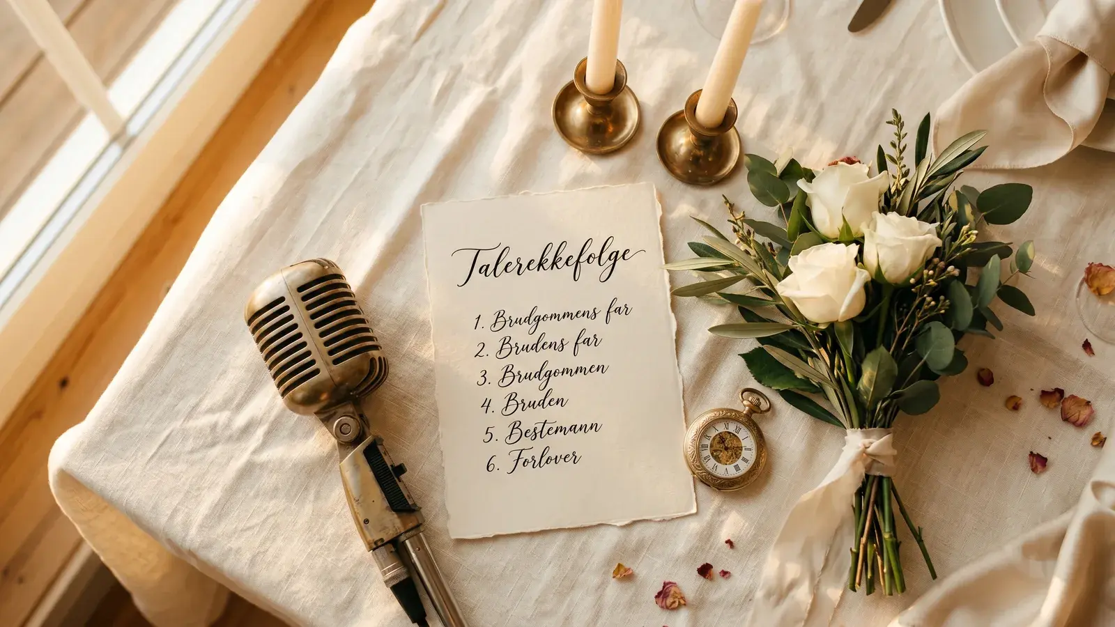 Vintage messing-mikrofon ved siden av håndskrevet taleprogram og stearinlys på bryllupsbord