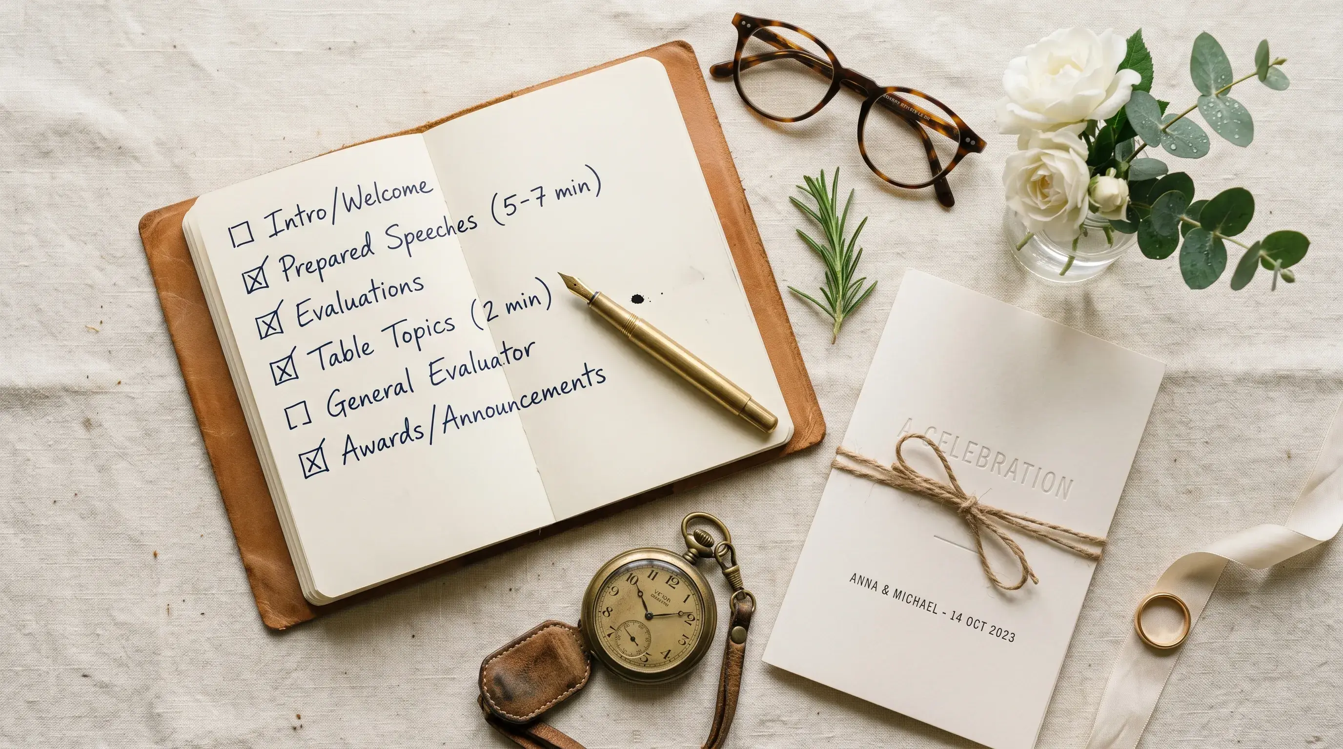 Toastmasterens kit med notatbok, lommeur, gullpenn og hvite roser på lin