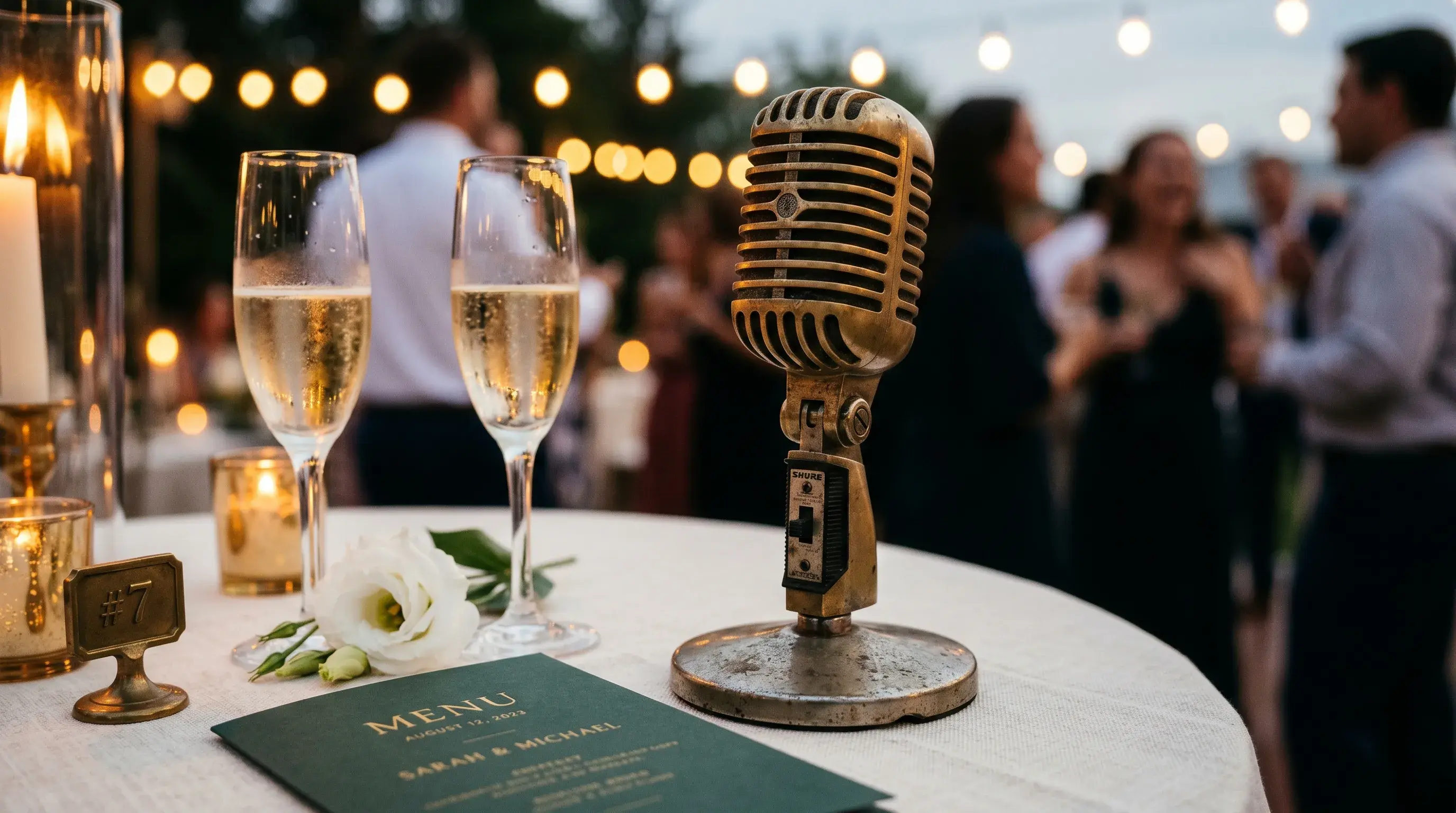 Vintage messing-mikrofon ved siden av champagneglass i varm stearinlys